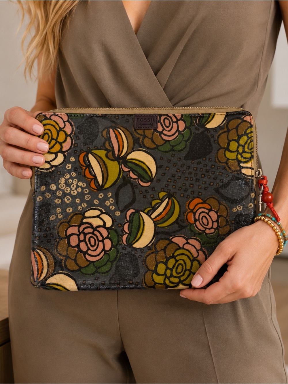 Vintage Fossil Floral KeyPer Zip Pouch Clutch